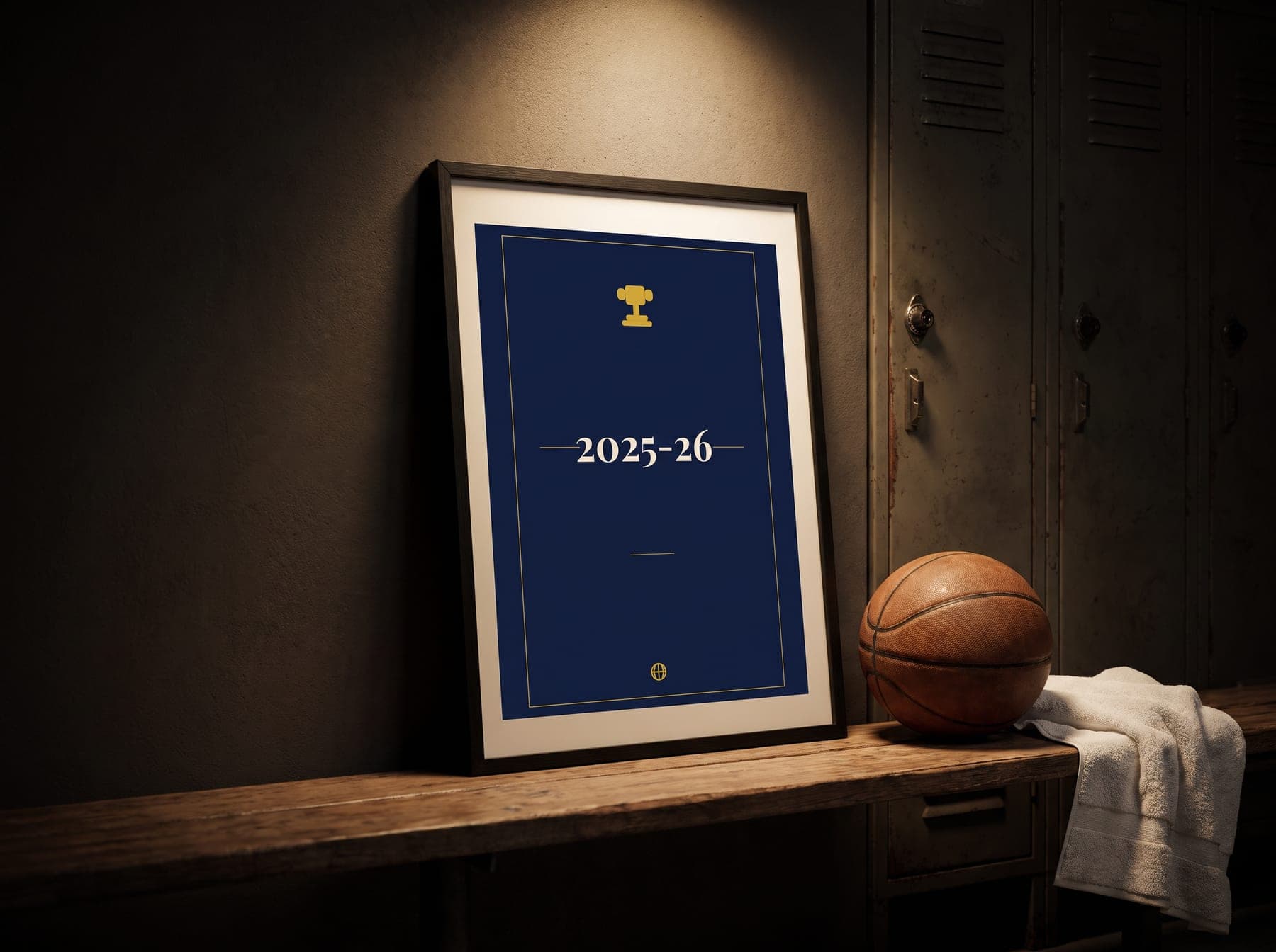 A framed season poster leaning on a locker-room bench, beside a basketball and a folded towel