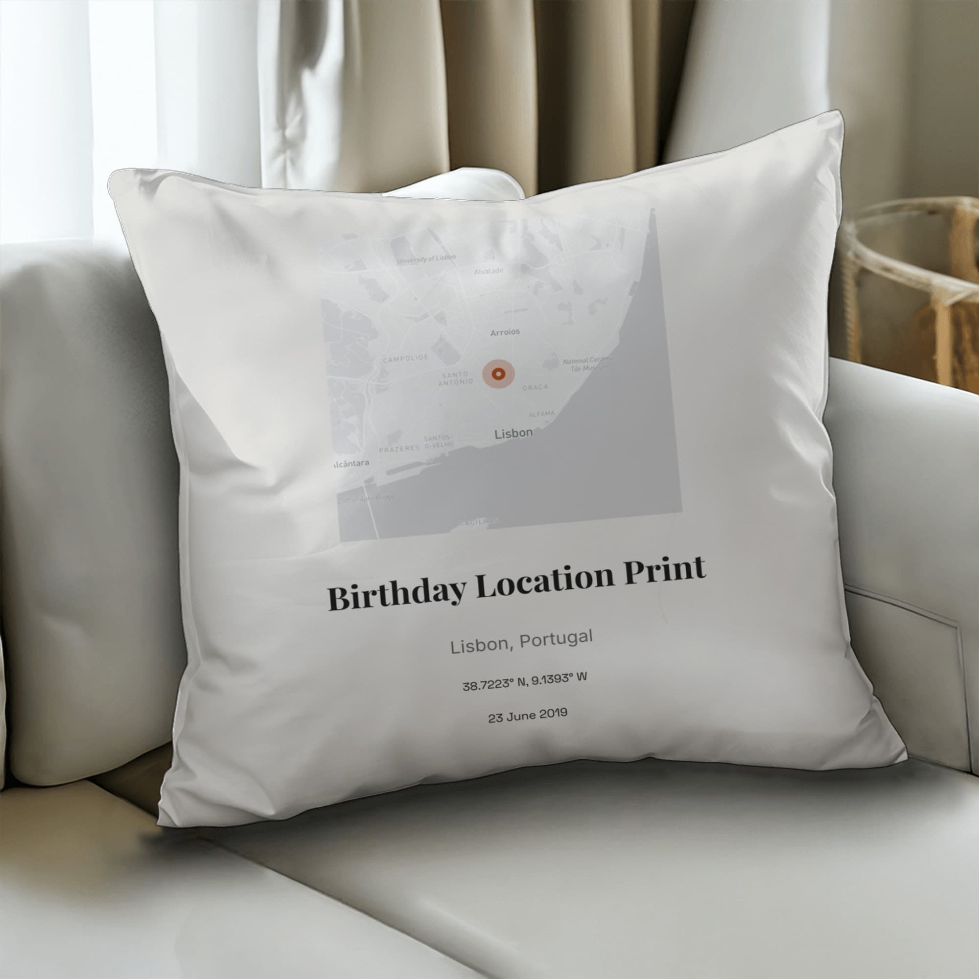 Birthday Location Print on pillow