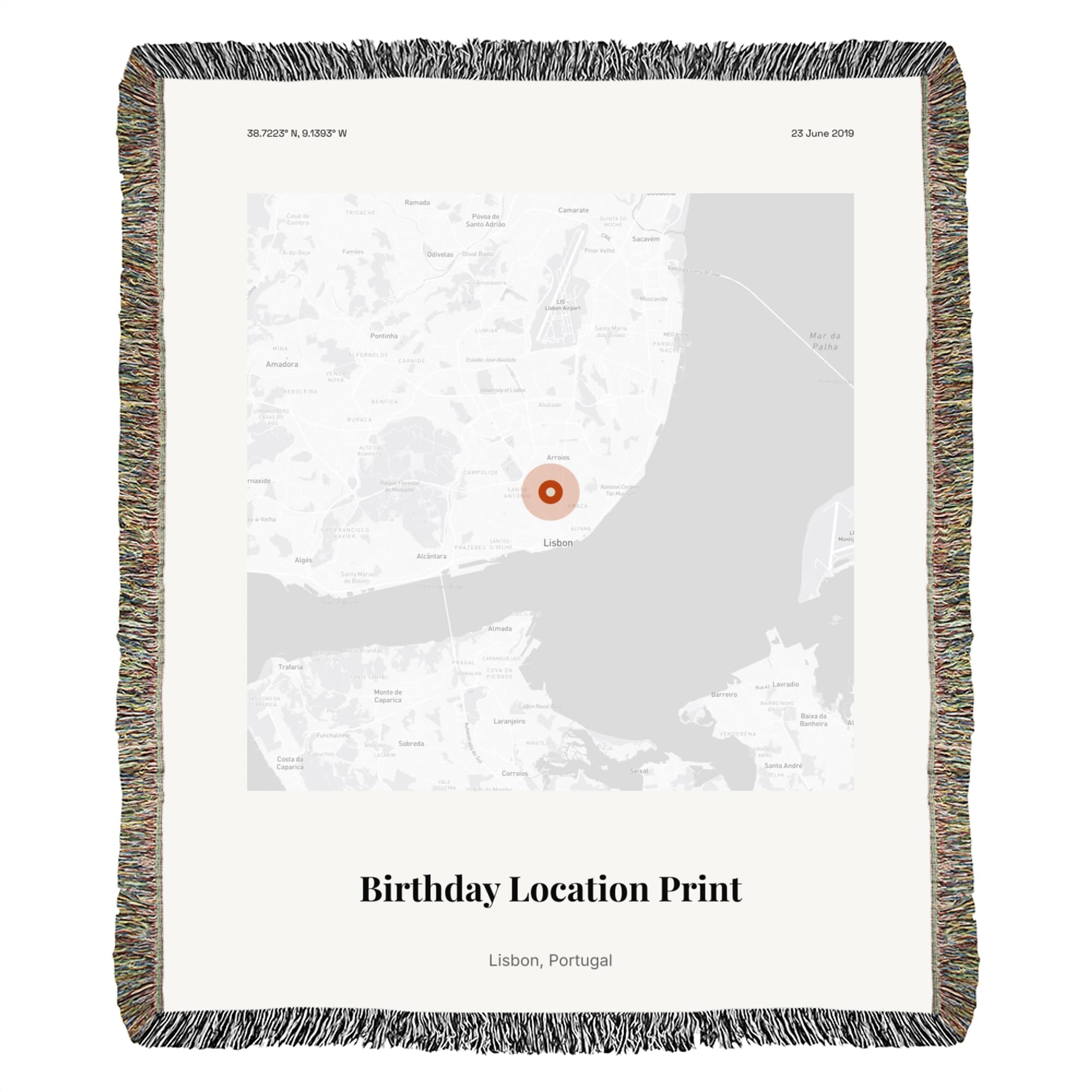 Birthday Location Print on the woven throw