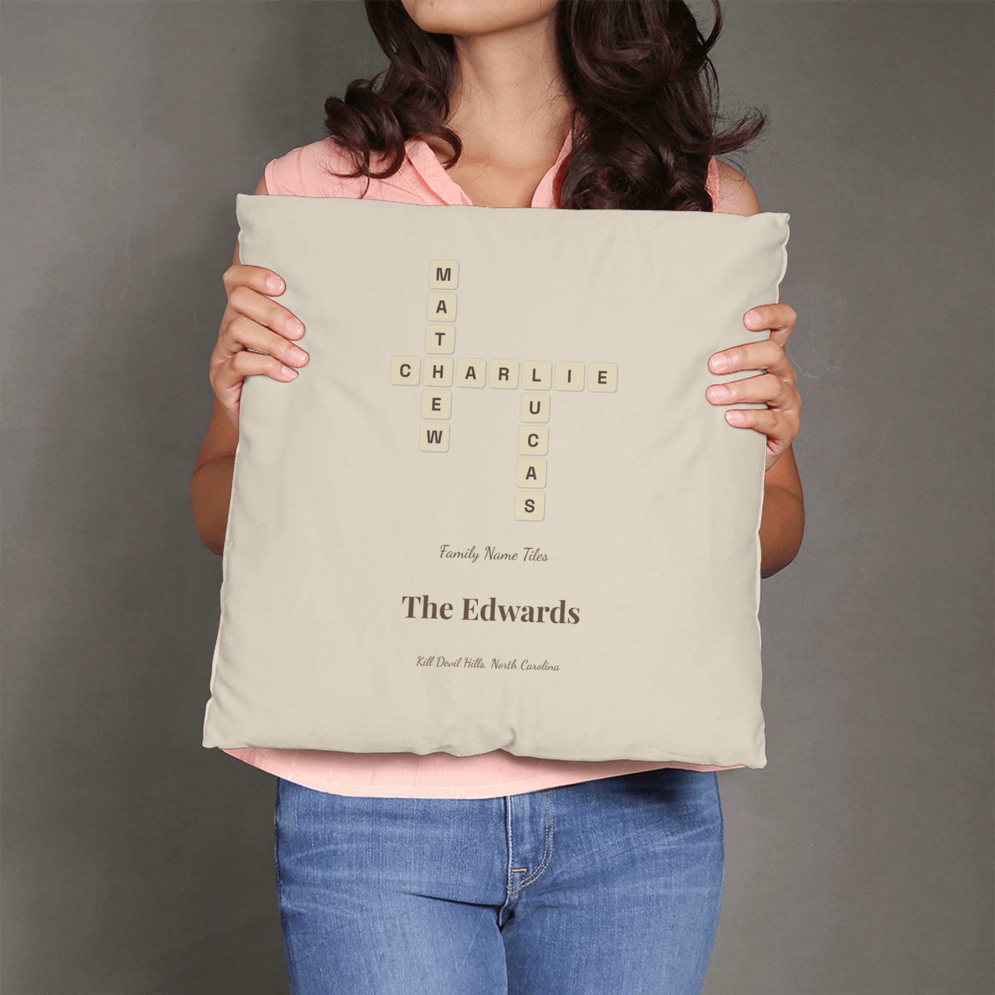 Family Name Tiles on the linen pillow
