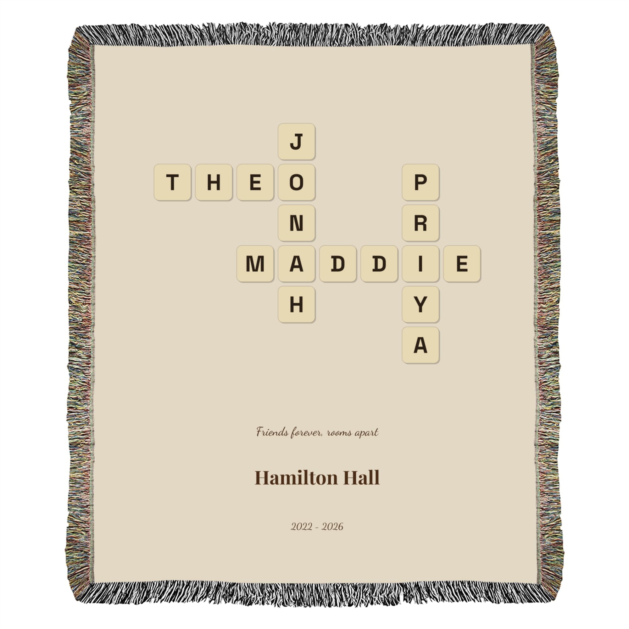 Roommate Name Tiles on the woven throw